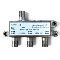 Amphenol ABS313H 3-way digital splitter, 5-1675 MHz all-band design passes CATV, DOCSIS and MoCA. Low-loss leg plus two standard outputs. Ships same day.